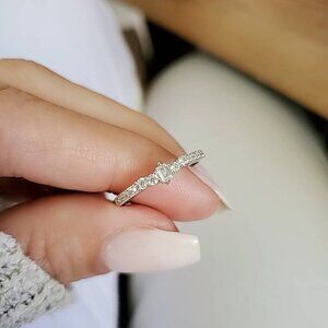 Women 925 Sterling Silver Emerald Cut Dainty Brides Engagement Wedding Ring Band